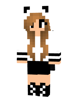 Minecraft skin of Starlingbear: a long-haired figure in a black and white panda outfit.