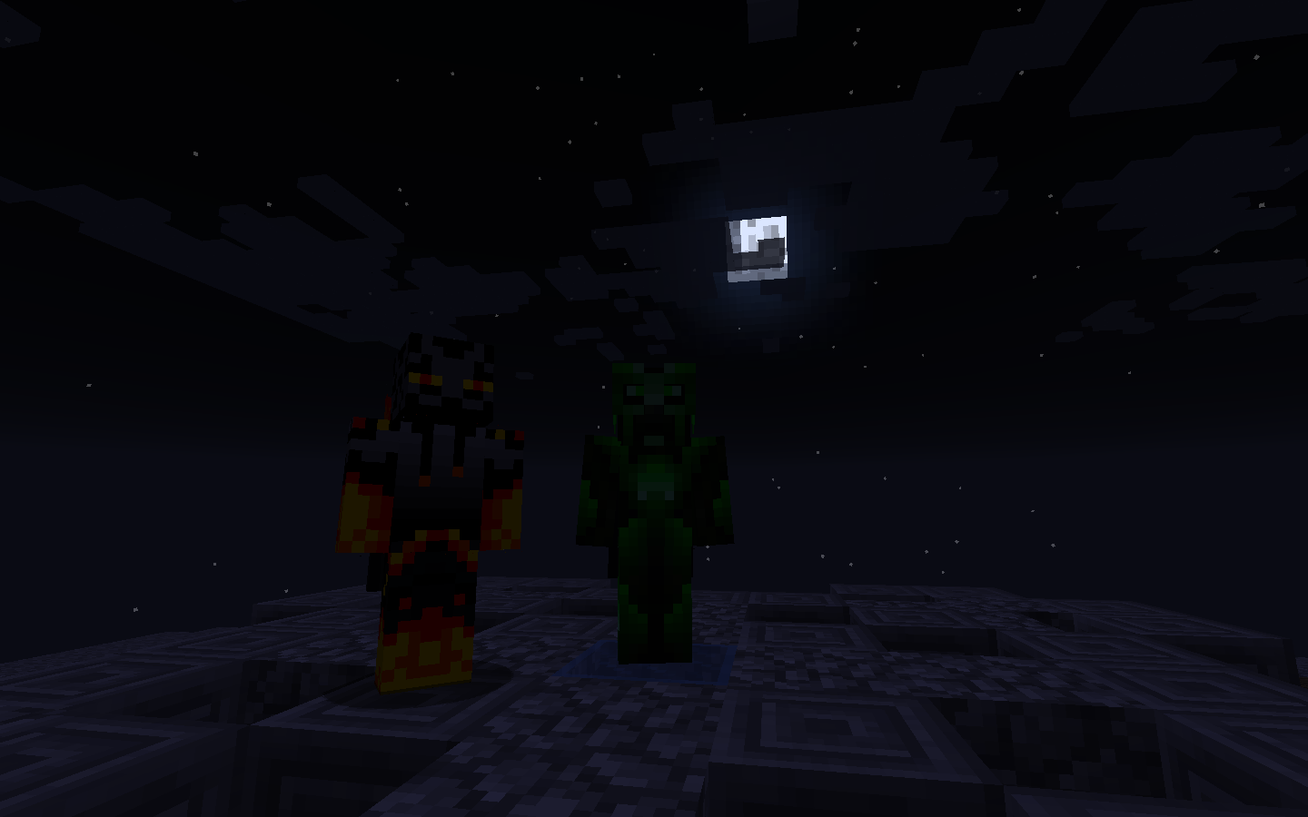 The same two players at night on a stone platform, lit by a square Minecraft moon.