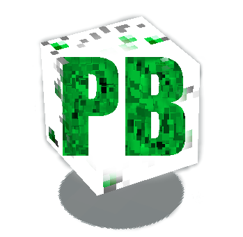 PixelBattle logo: a white Minecraft block with the green letters P B on its face