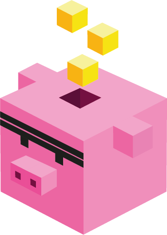 A pink blocky piggy bank with gold coins dropping into it.