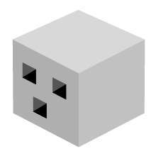 Blocky pale grey cube avatar with three dark square holes.