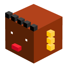 Blocky dark red cube avatar with a red mouth and yellow blocks on one side.
