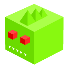 Blocky bright green cube avatar with red eyes and white teeth.