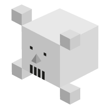 Blocky white cube avatar with a small grey face.