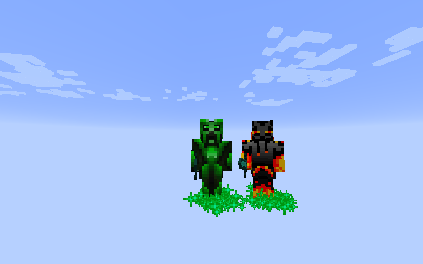 Two Minecraft players standing on grass against a pale blue sky: one in a green
                  creeper skin, one in a black and flame skin.
